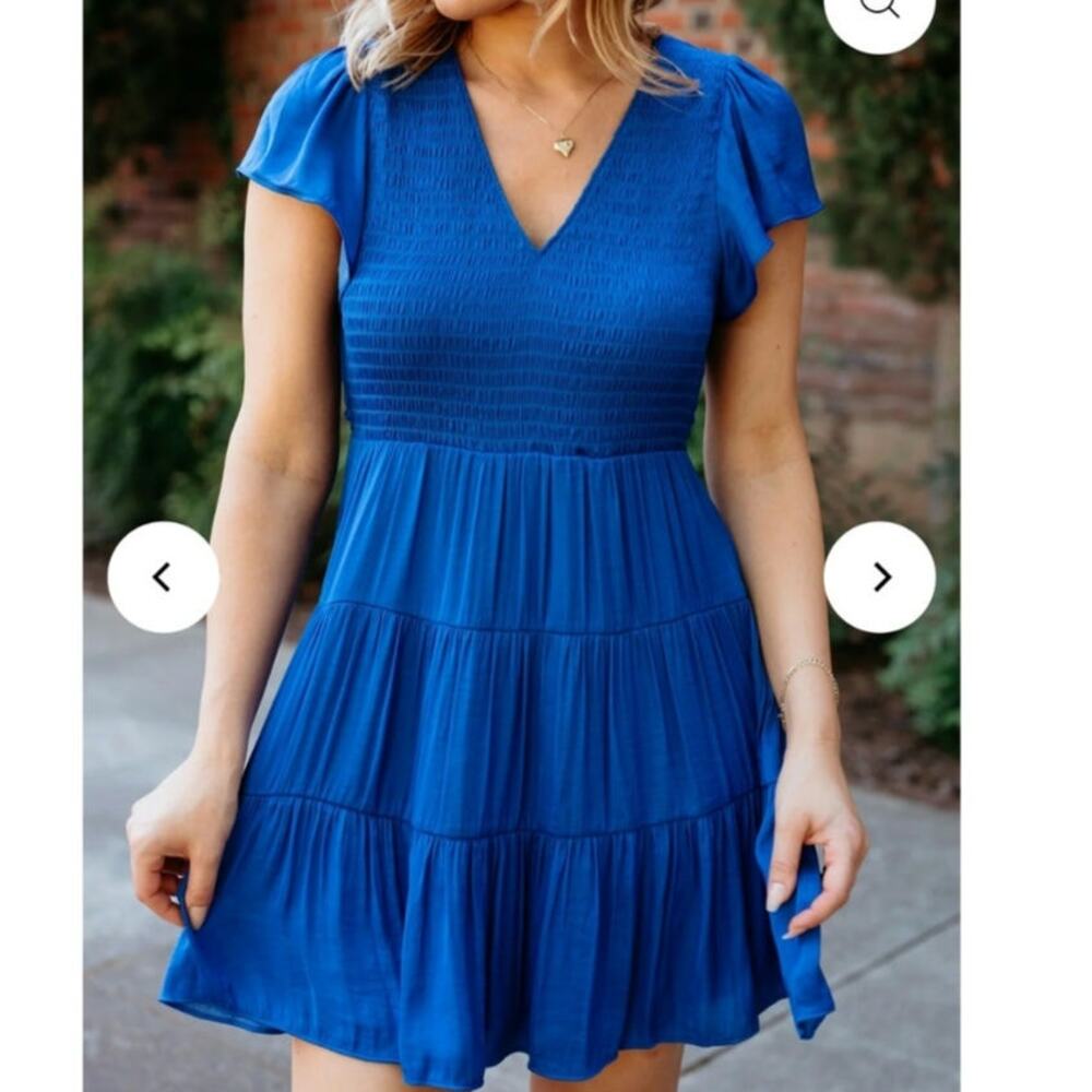 Naked Zebra Royal Blue Mini Dress V-Neck Flutter Sleeve size L Romantic Boho